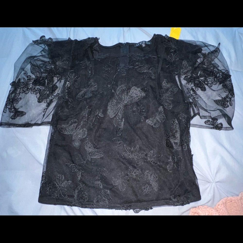 Black, top, butterflies, lace with built in tank top, form fitting, medium